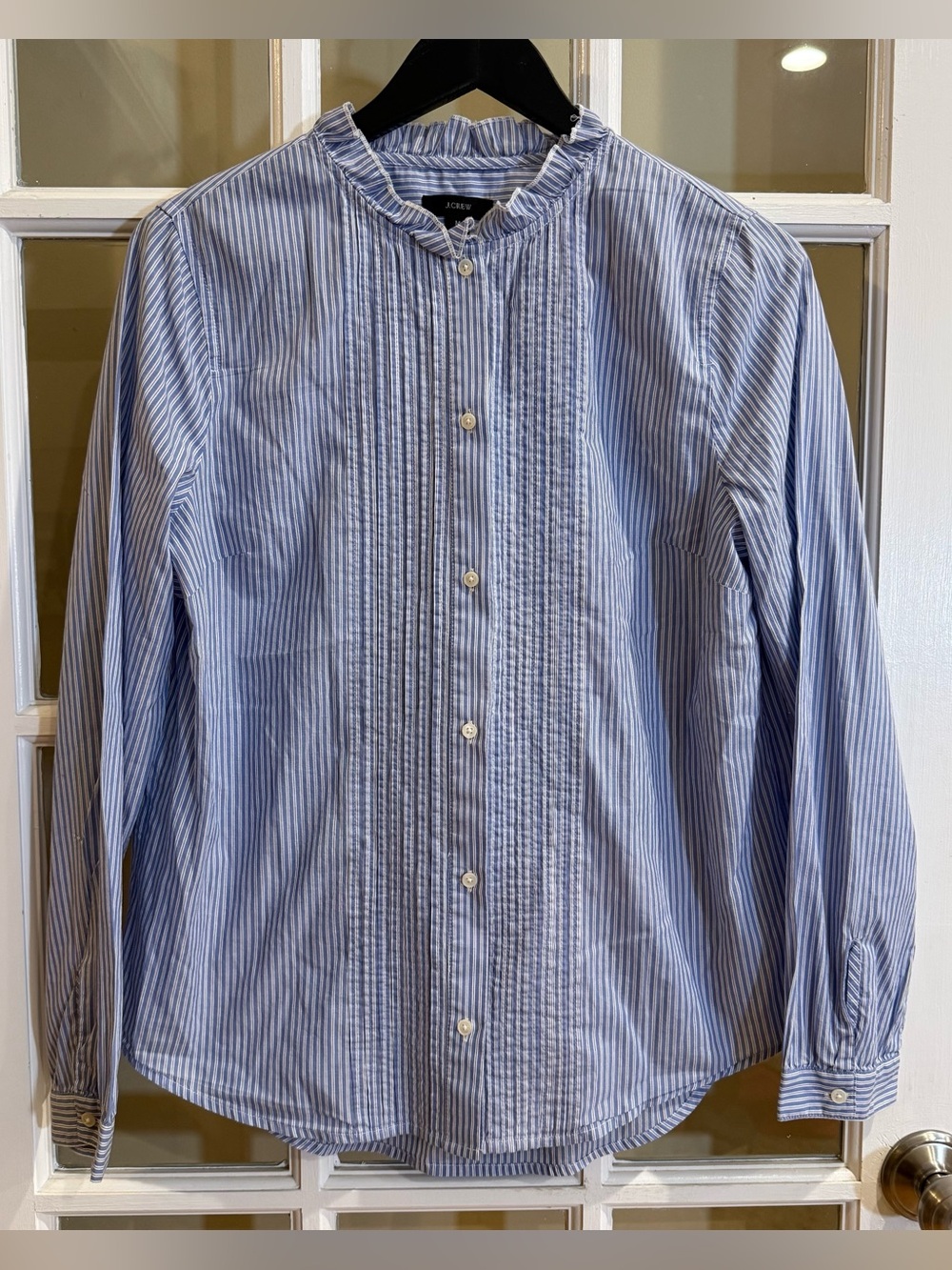 J. Crew Ruffleneck Tuxedo Shirt in Striped Lightweight Cotton Poplin Medium